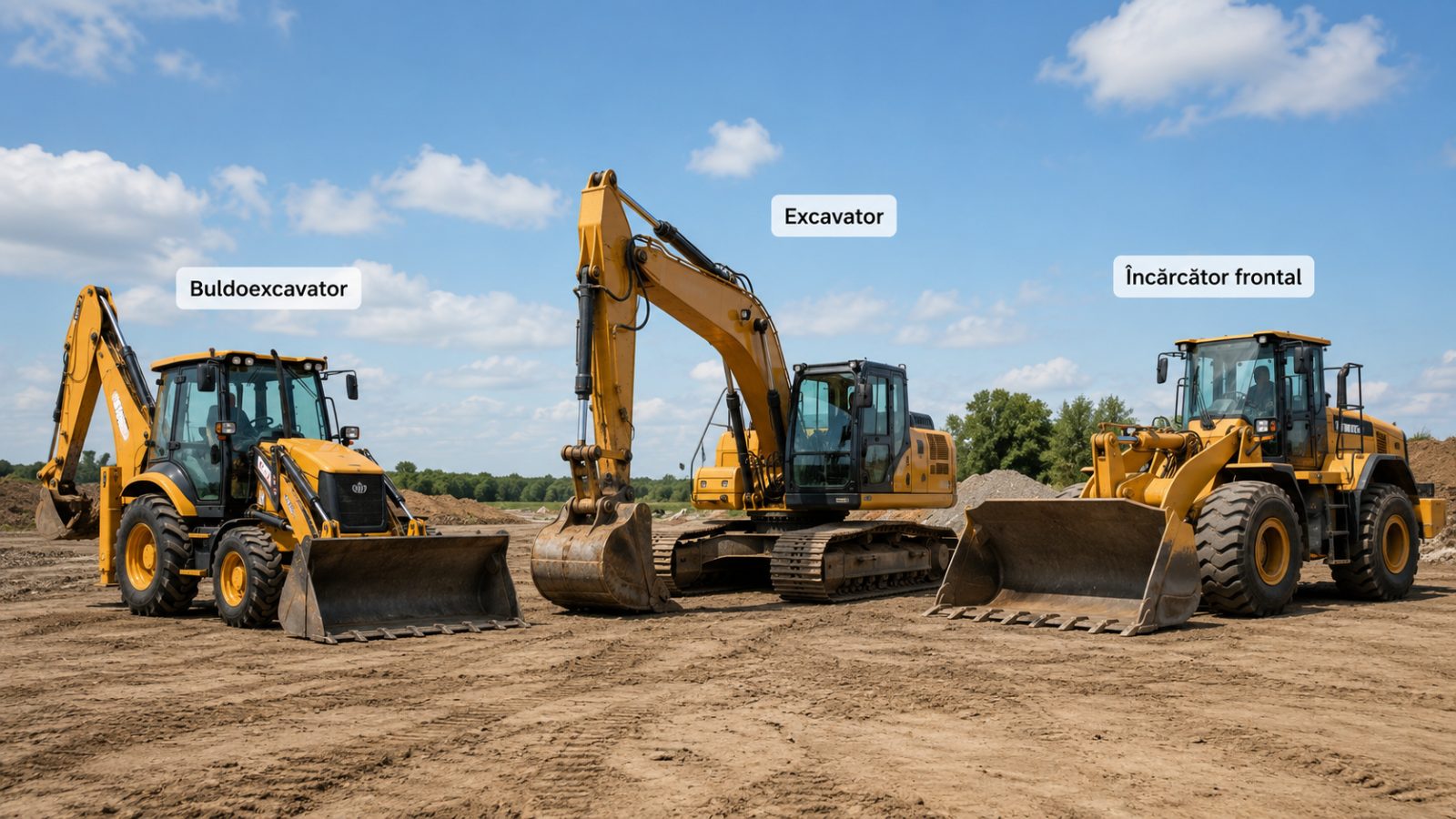 Buldoexcavator, excavator și încărcător frontal aliniate pe șantier