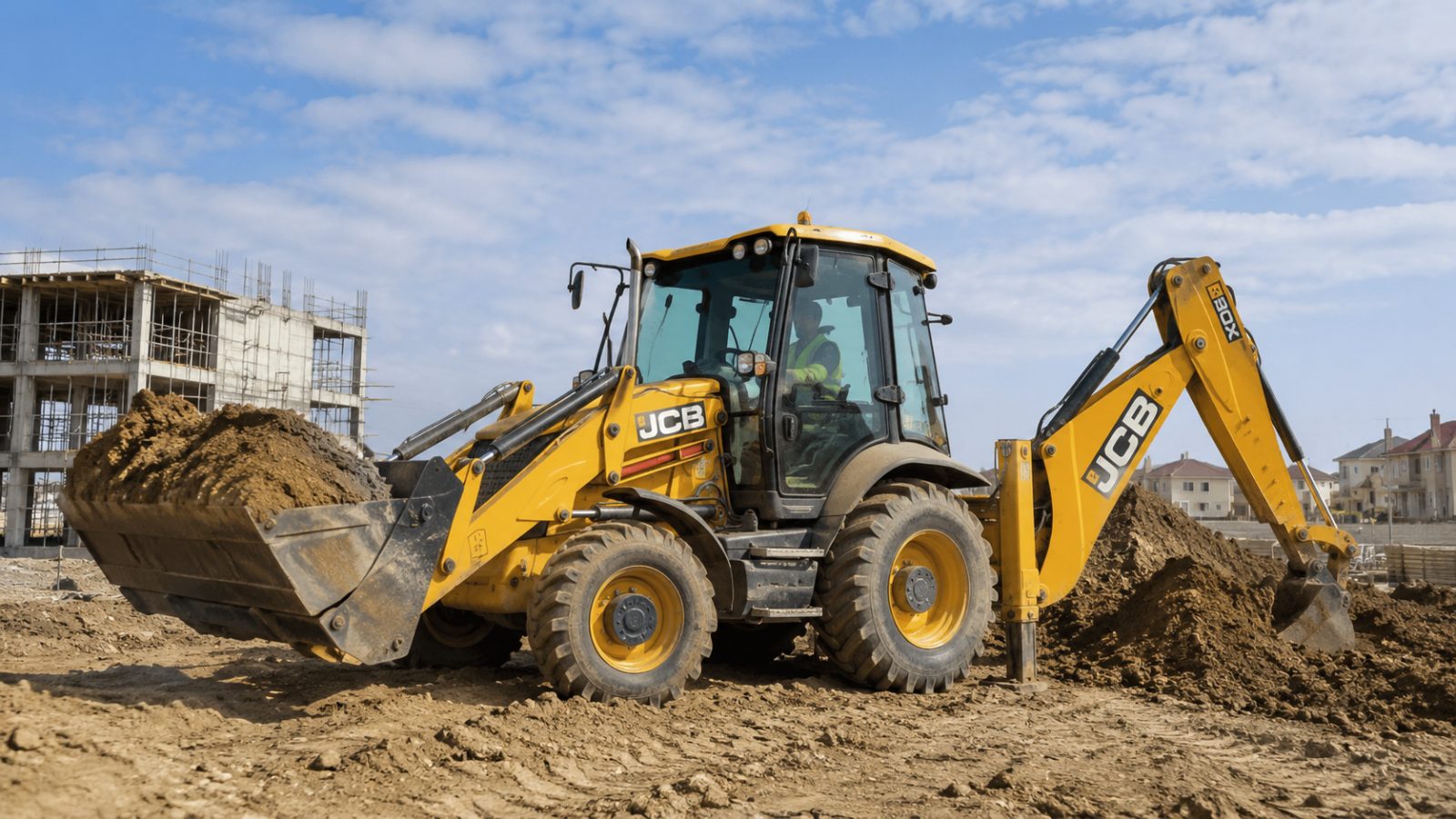 Buldoexcavator JCB pe un șantier de construcții