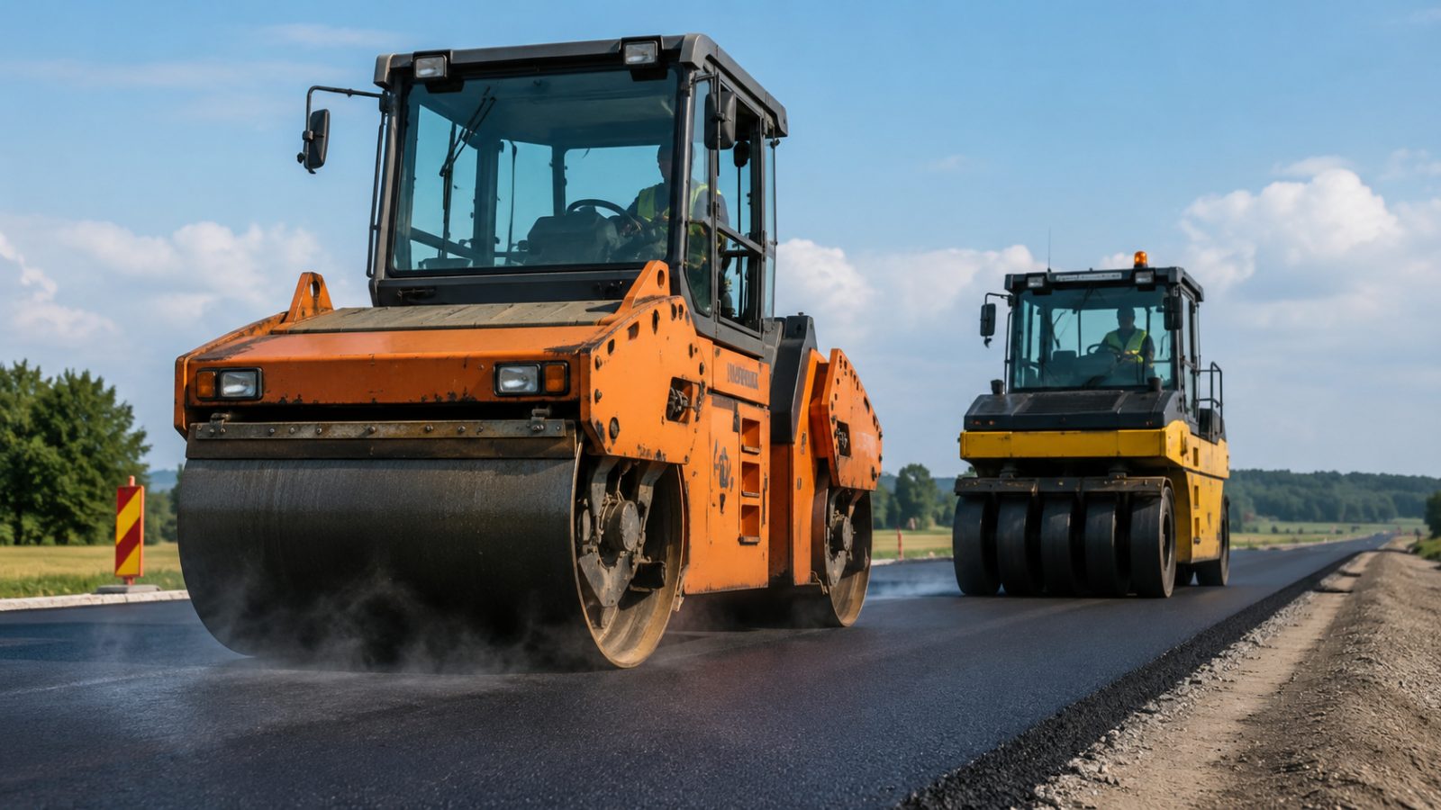 Două compactoare cu rulou pe un drum proaspăt asfaltat
