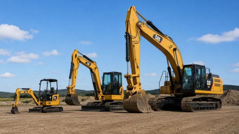 Trei excavatoare de dimensiuni diferite (mini, mediu, mare) aliniate