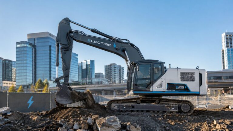Excavator electric modern lucrând pe un șantier urban, fără emisii