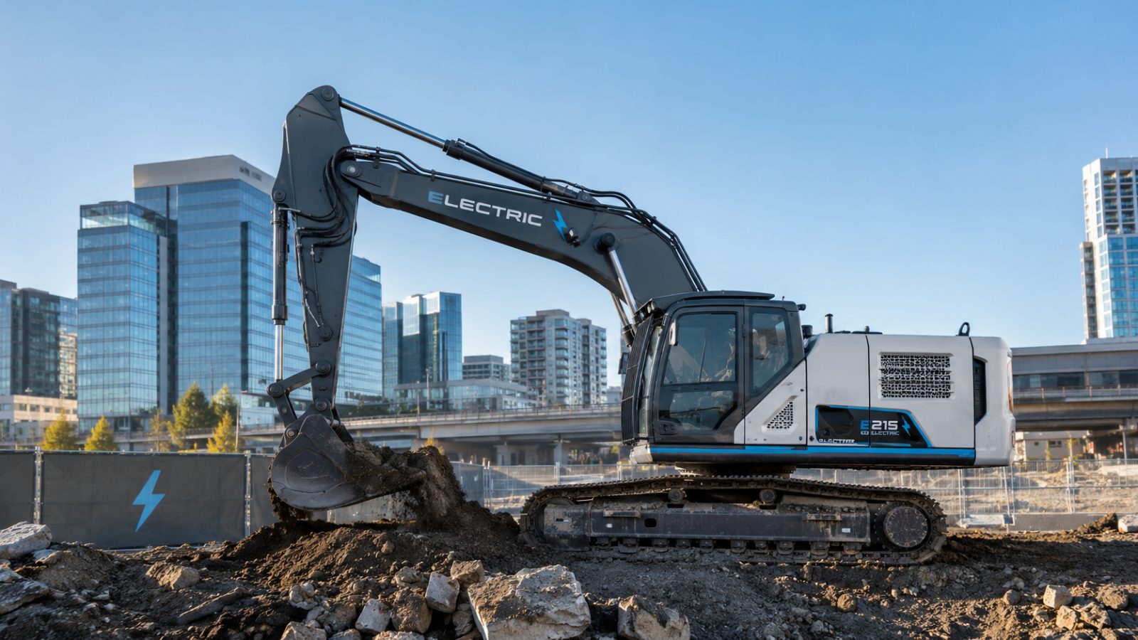 Excavator electric modern lucrând pe un șantier urban, fără emisii
