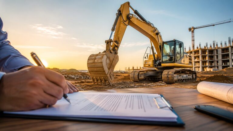 Excavator galben pe șantier la răsărit și o mână care semnează documente de finanțare