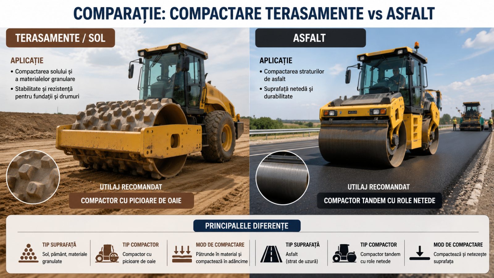 Infografic comparativ compactare terasamente vs asfalt