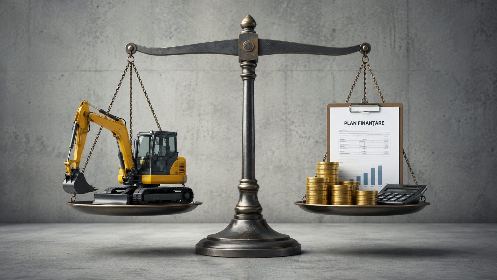 Balanță cu un excavator pe un taler și documente de plan finanțare cu monede pe celălalt