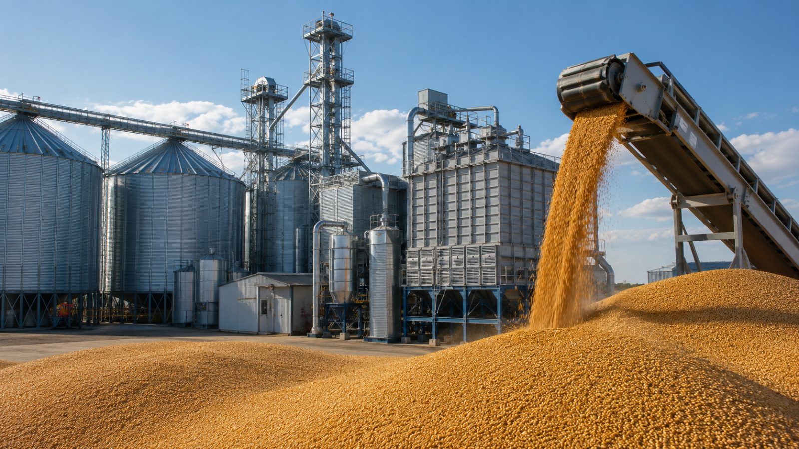 Linie de procesare a cerealelor cu silozuri și grămadă de cereale