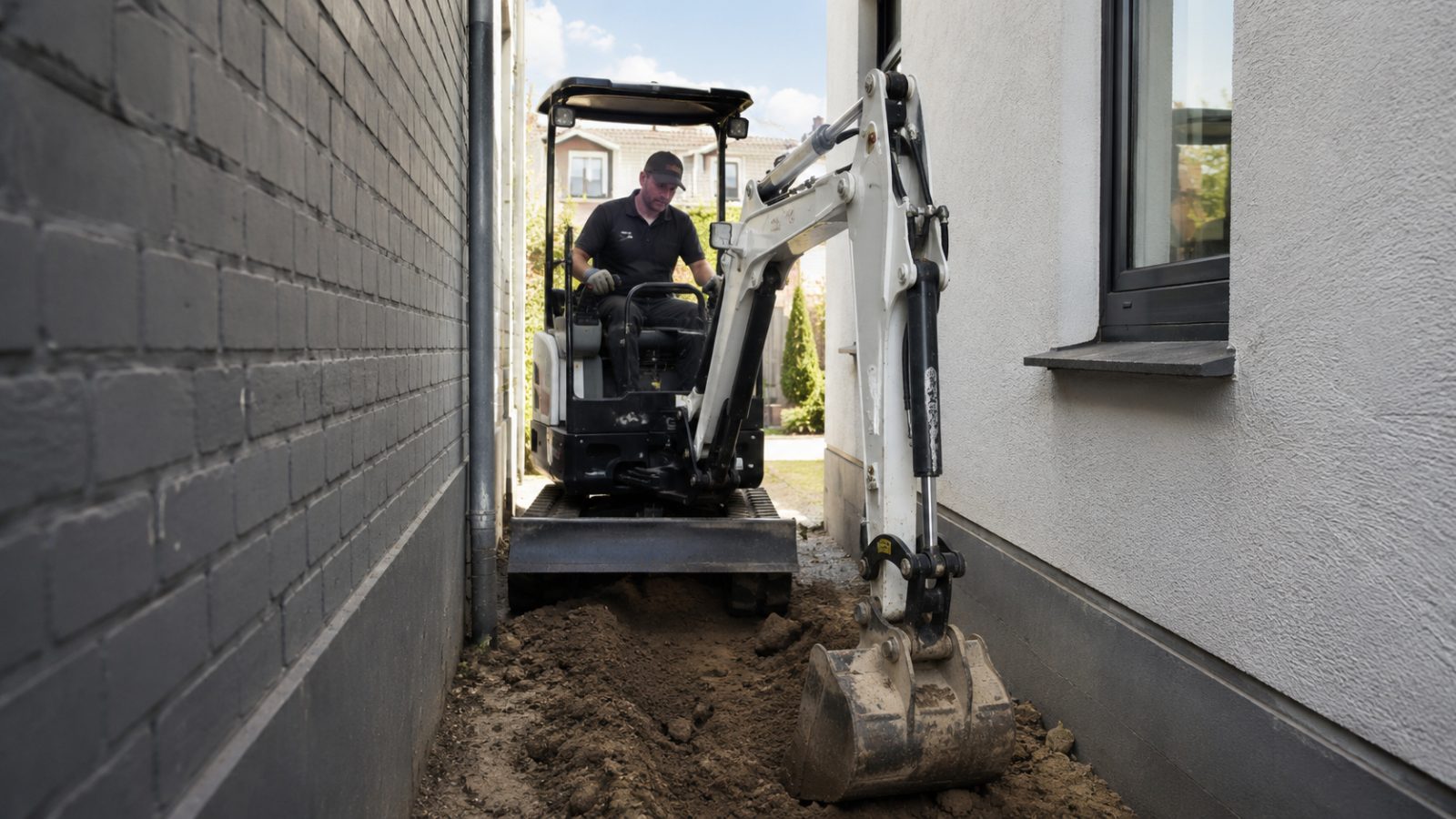 Miniexcavator lucrând într-un spațiu îngust între o clădire și un zid