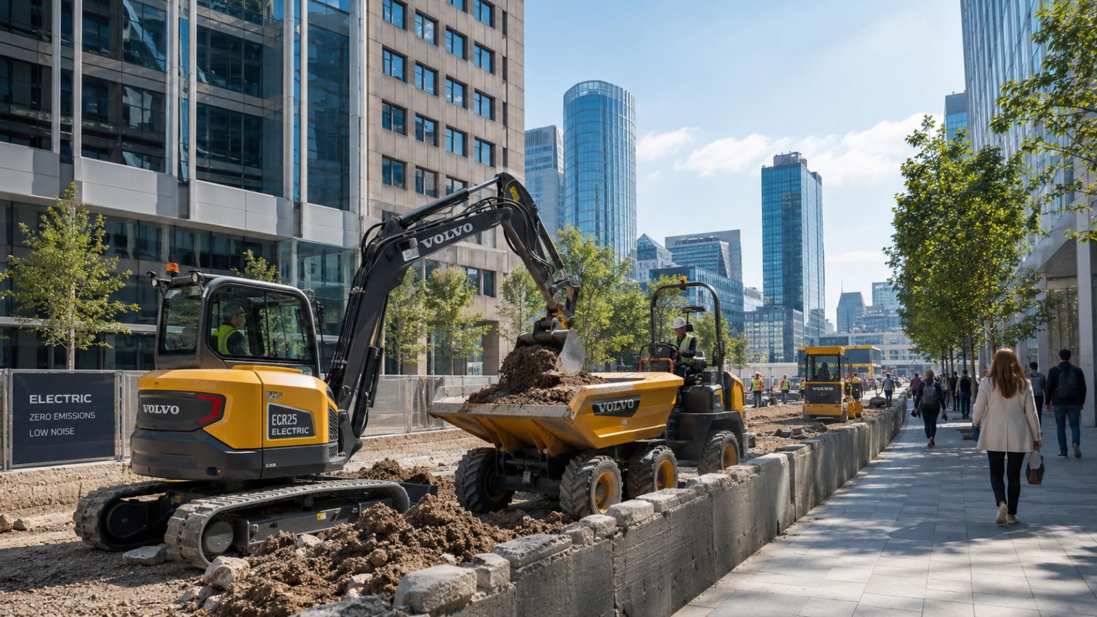 Excavator electric lucrând pe o stradă urbană cu clădiri de birouri