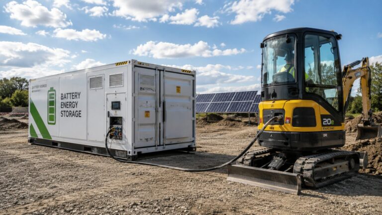 Unitate mobilă de stocare a energiei alimentând un excavator electric, cu panouri fotovoltaice