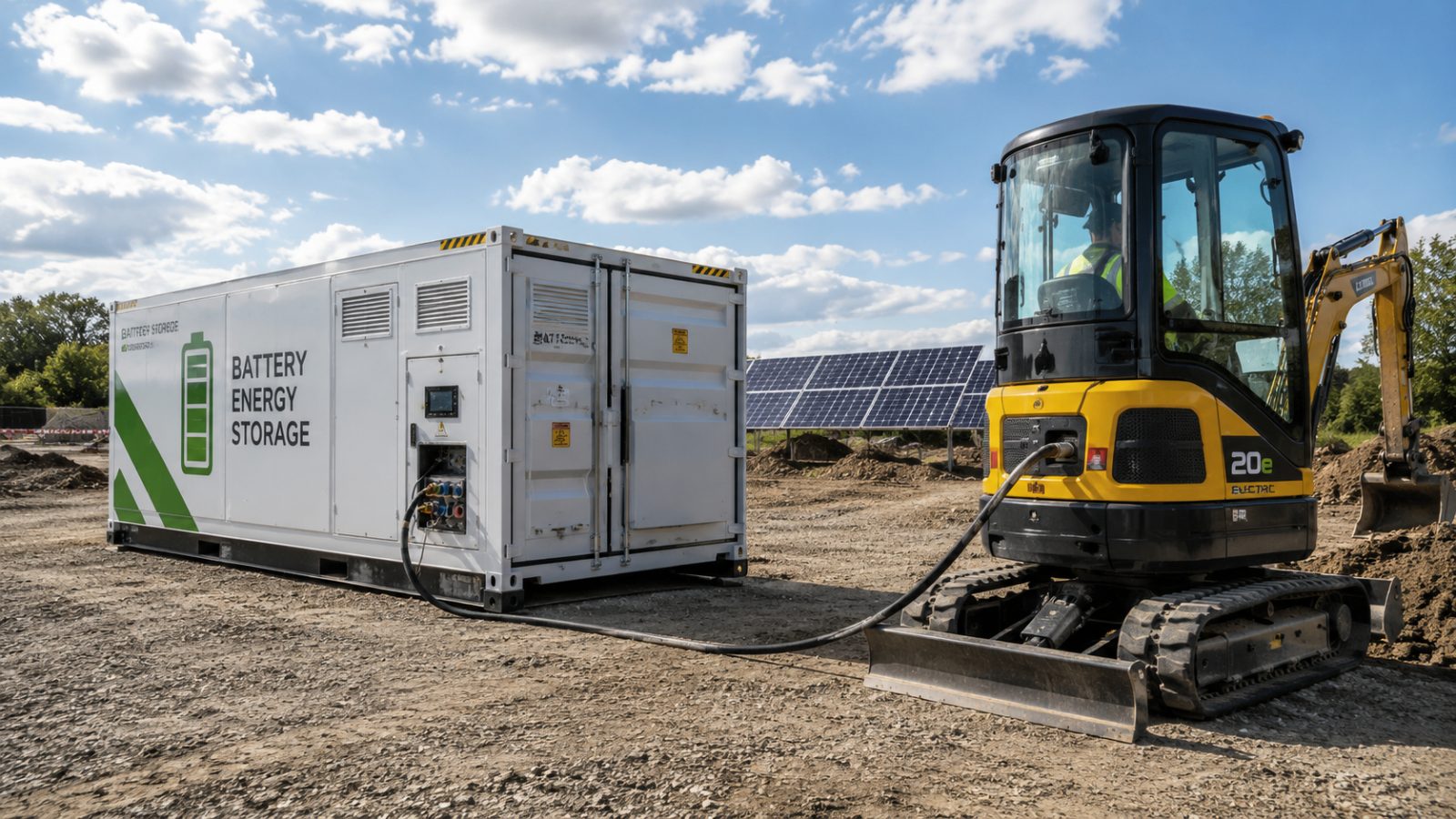 Unitate mobilă de stocare a energiei alimentând un excavator electric, cu panouri fotovoltaice