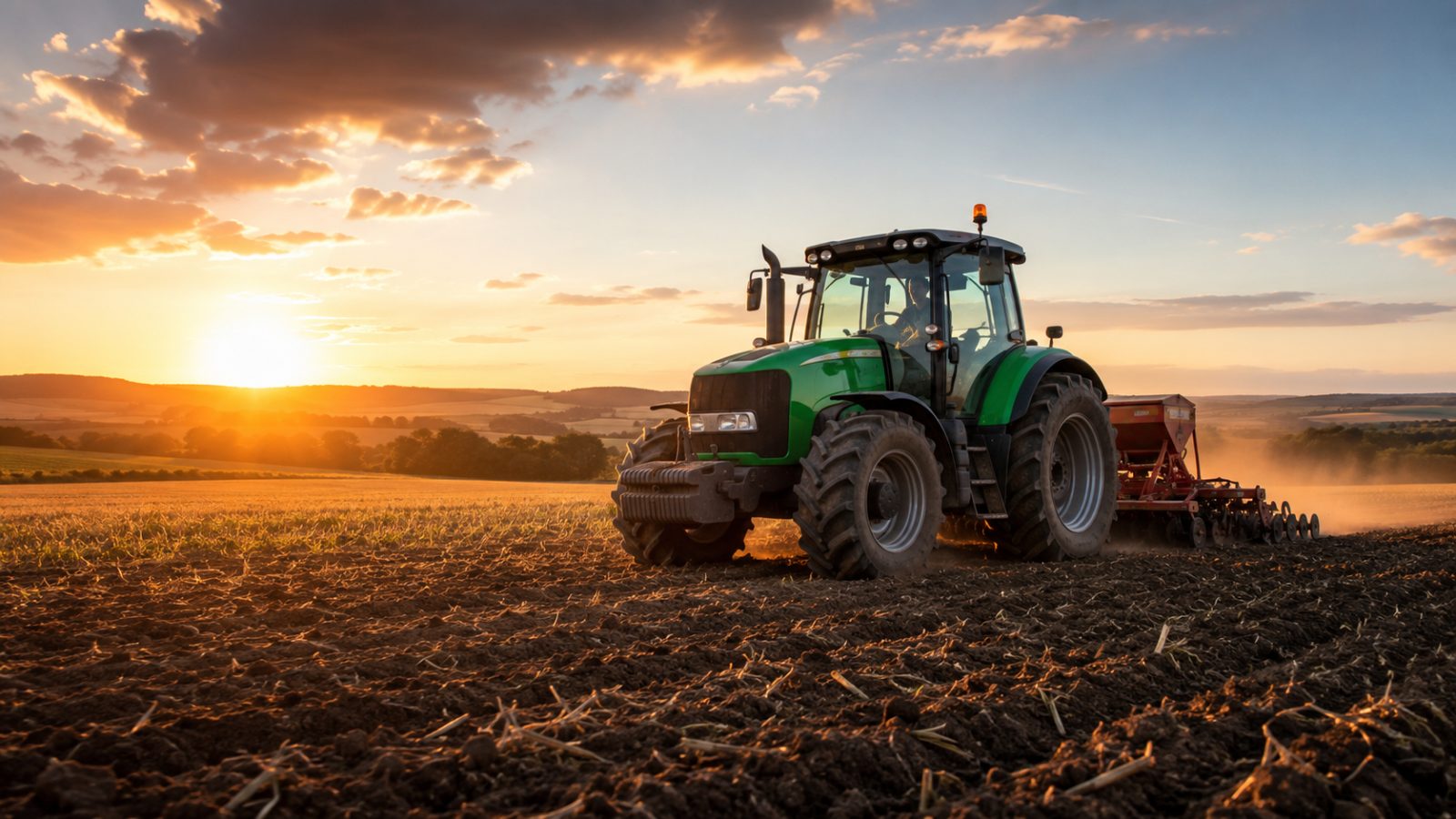 Tractor verde cu semănătoare lucrând pe câmp la apus